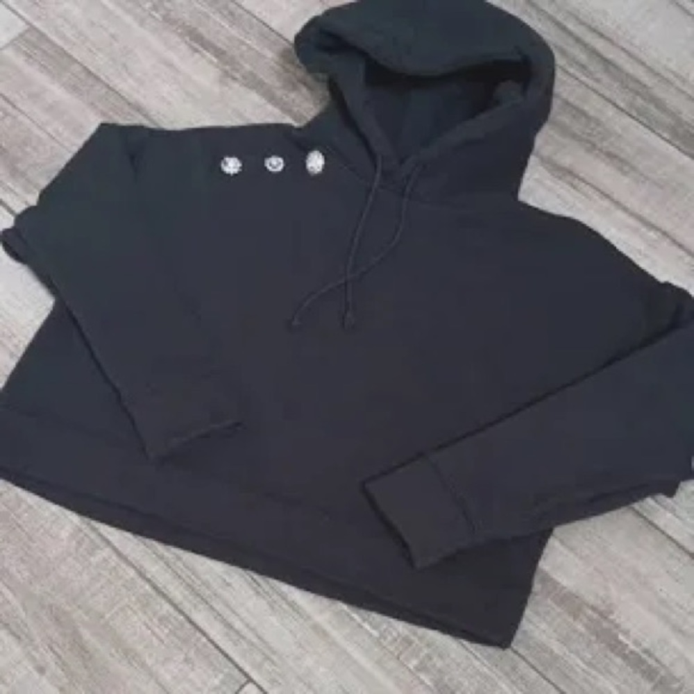 ba&sh. NWOT. Carbon Gray, Cropped Hoodie Sweatshirt w/ 3 Rhinestone Brooch.